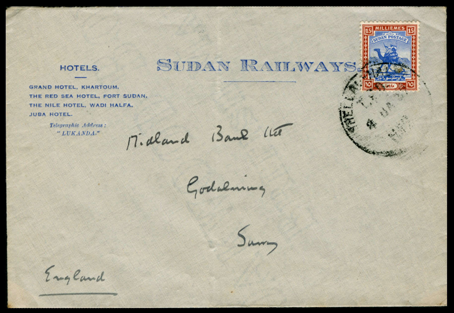 Sudan Railway cover showing Hotels