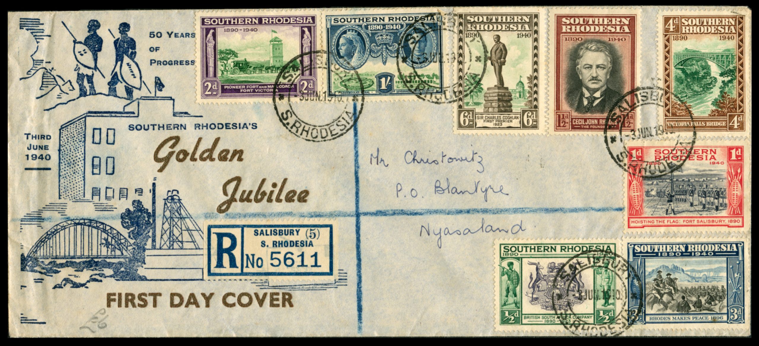 FDC Southern Rhodesia Golden Jubilee 1940