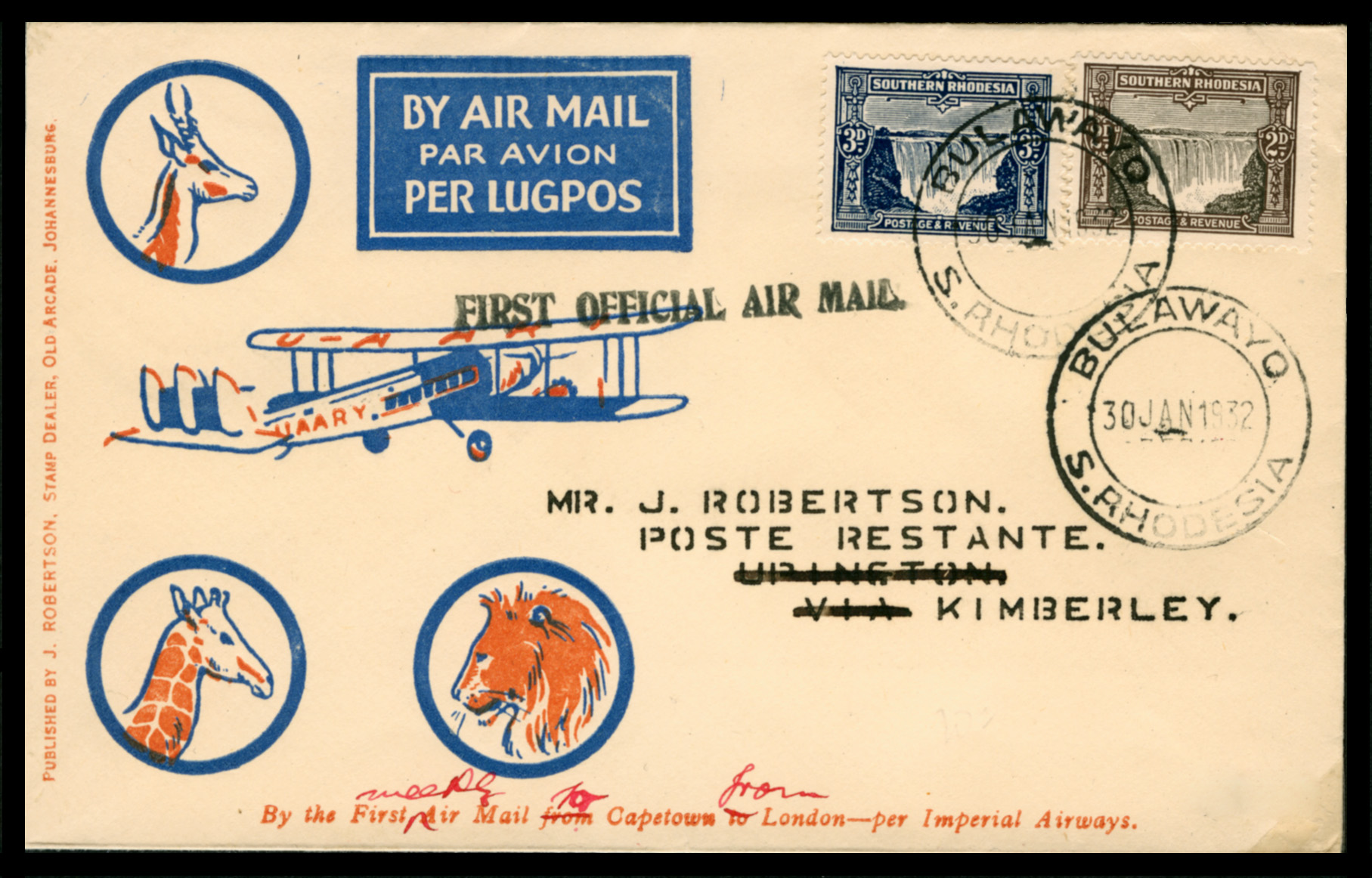 1931 Small Victoria Falls Defintives on cover 1932