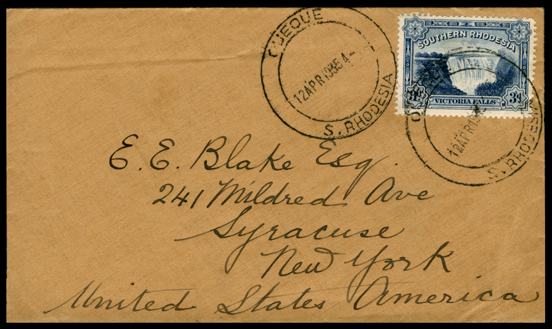 Southern Rhodesia 3dVictoria Fall Cover QueQue to USA 1935