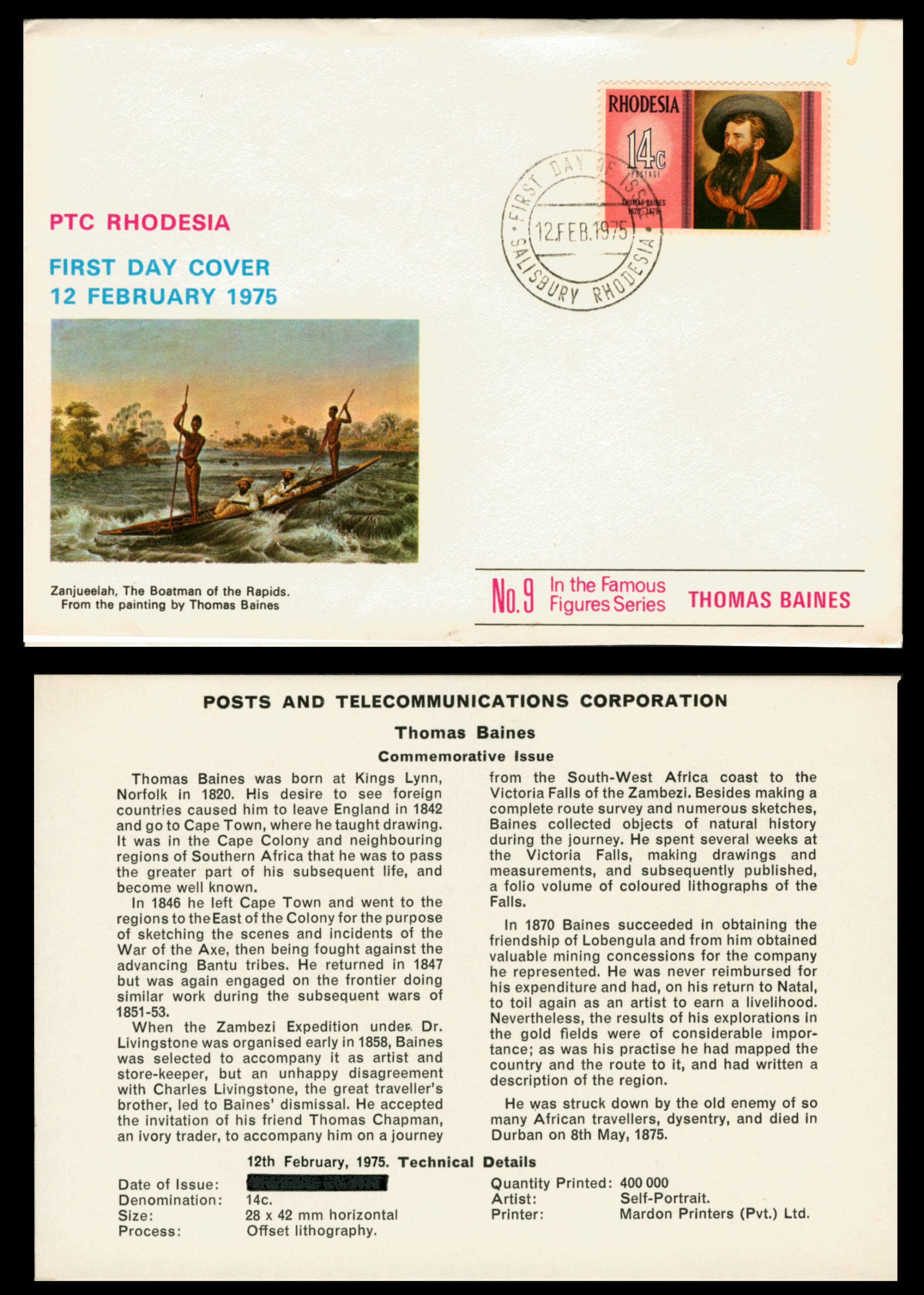 First Day Cover Rhodesia 14c Thomas Baines