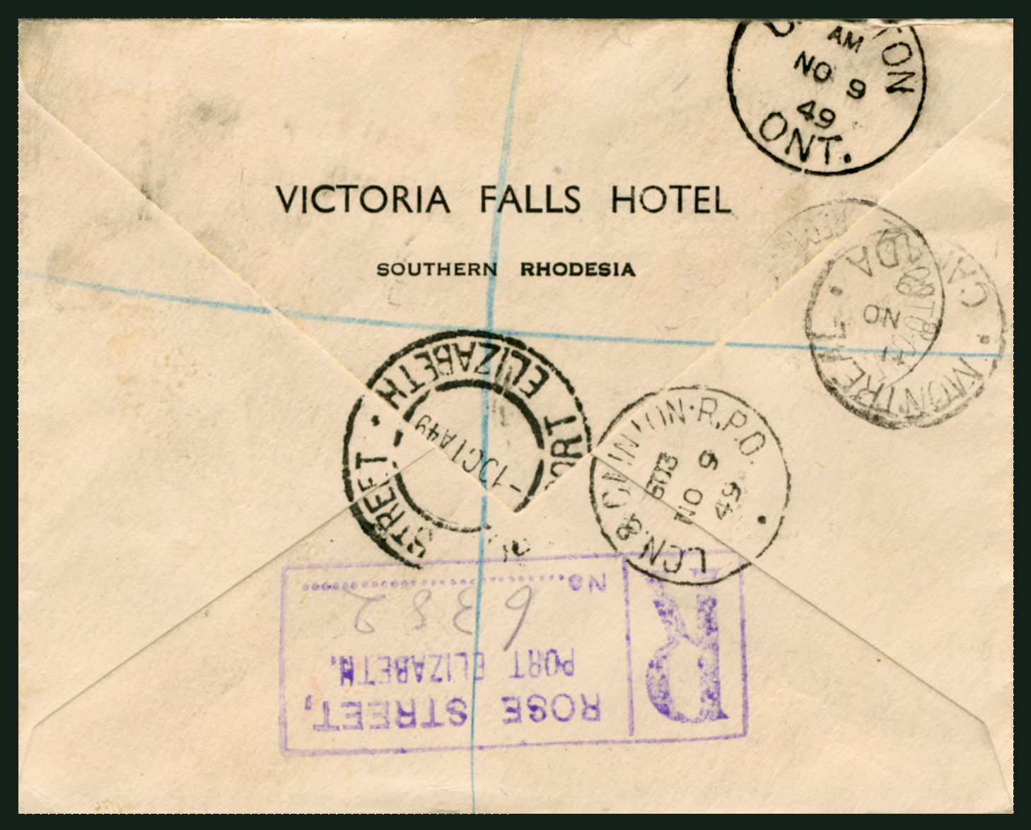 Victoria Falls Hotel Envelope used in Port Elizabeth to Canada