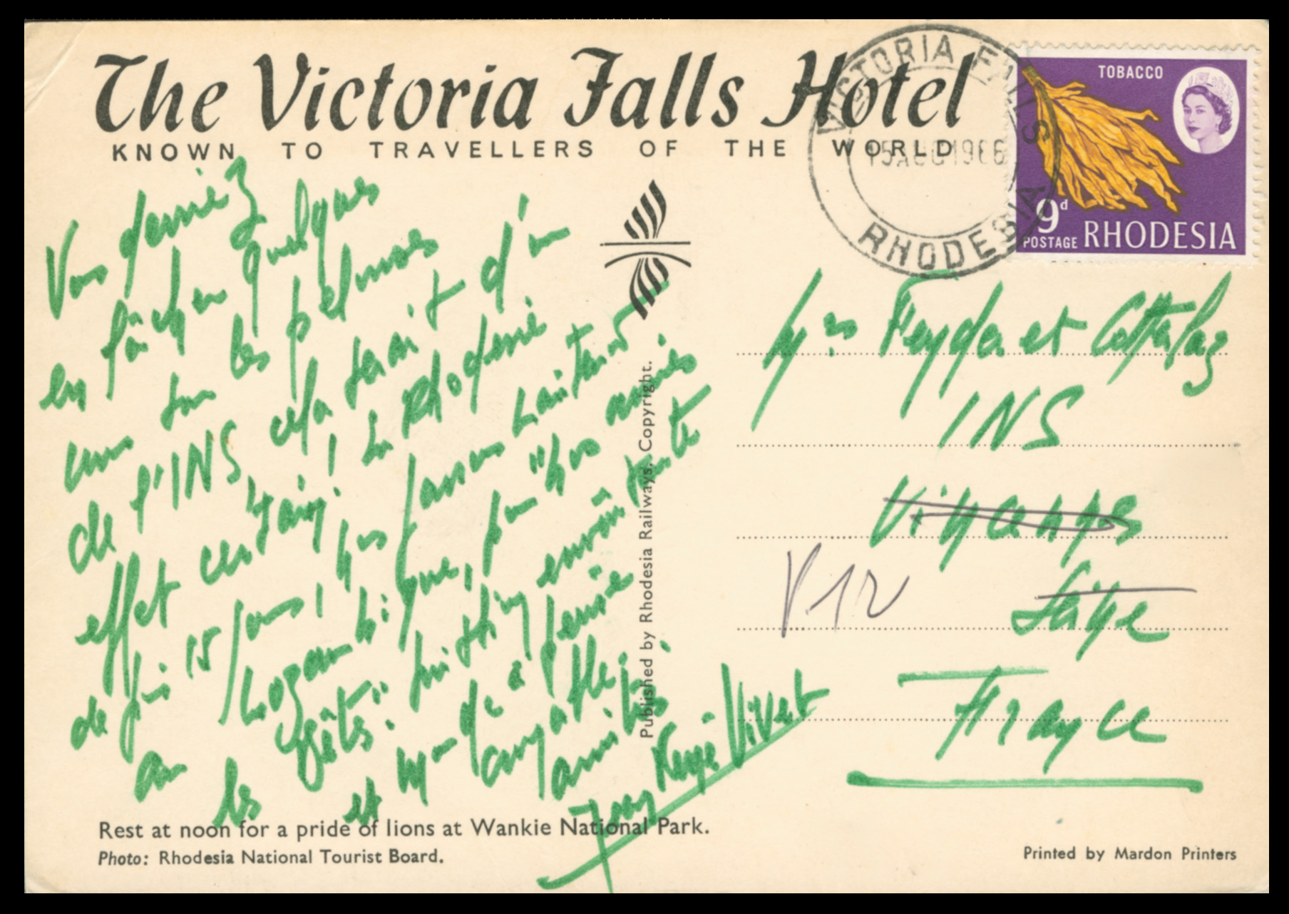 Victoria Falls Postcard with 9d QE2 stamp