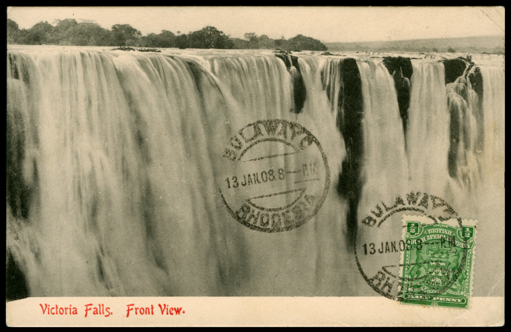 Victoria Falls Postcard Halfpenny stamp cancelled Bulawayo 1908. p