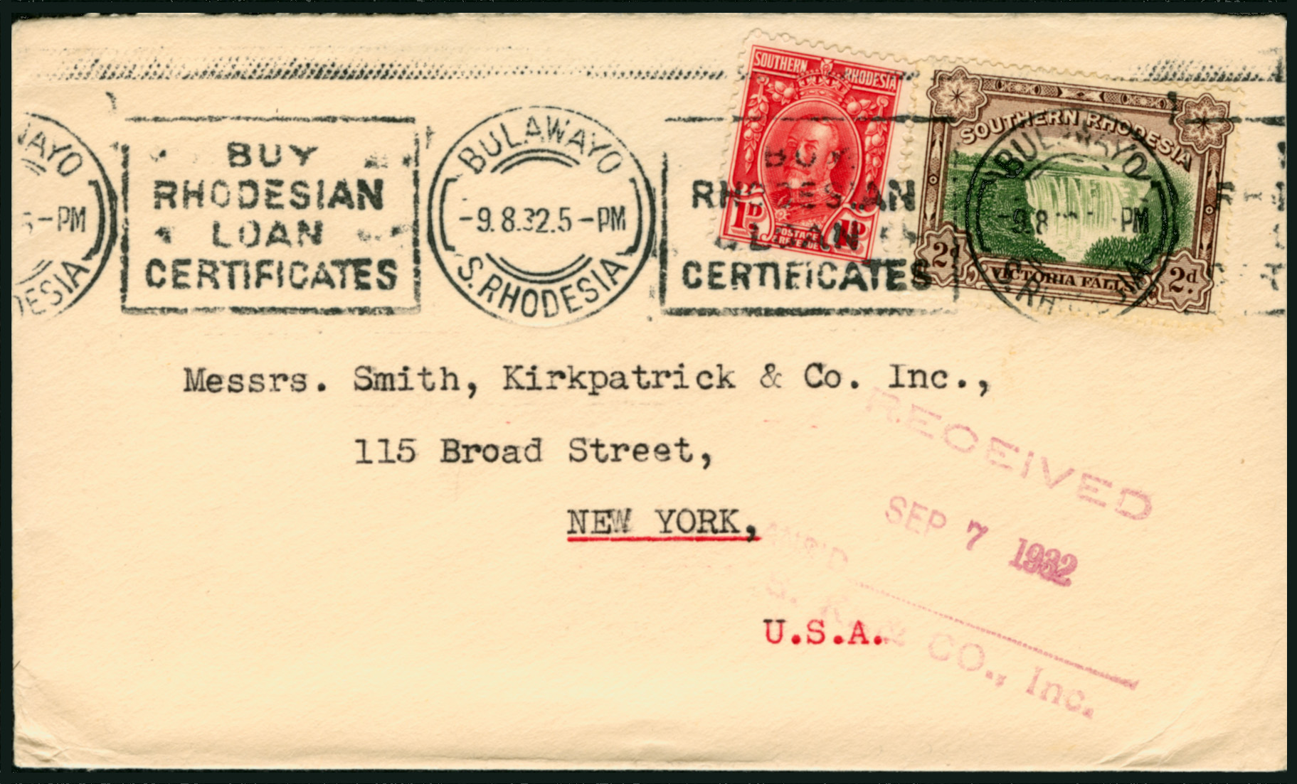 1932 Southern Rhodesia 2d Green and Brown Waterfall