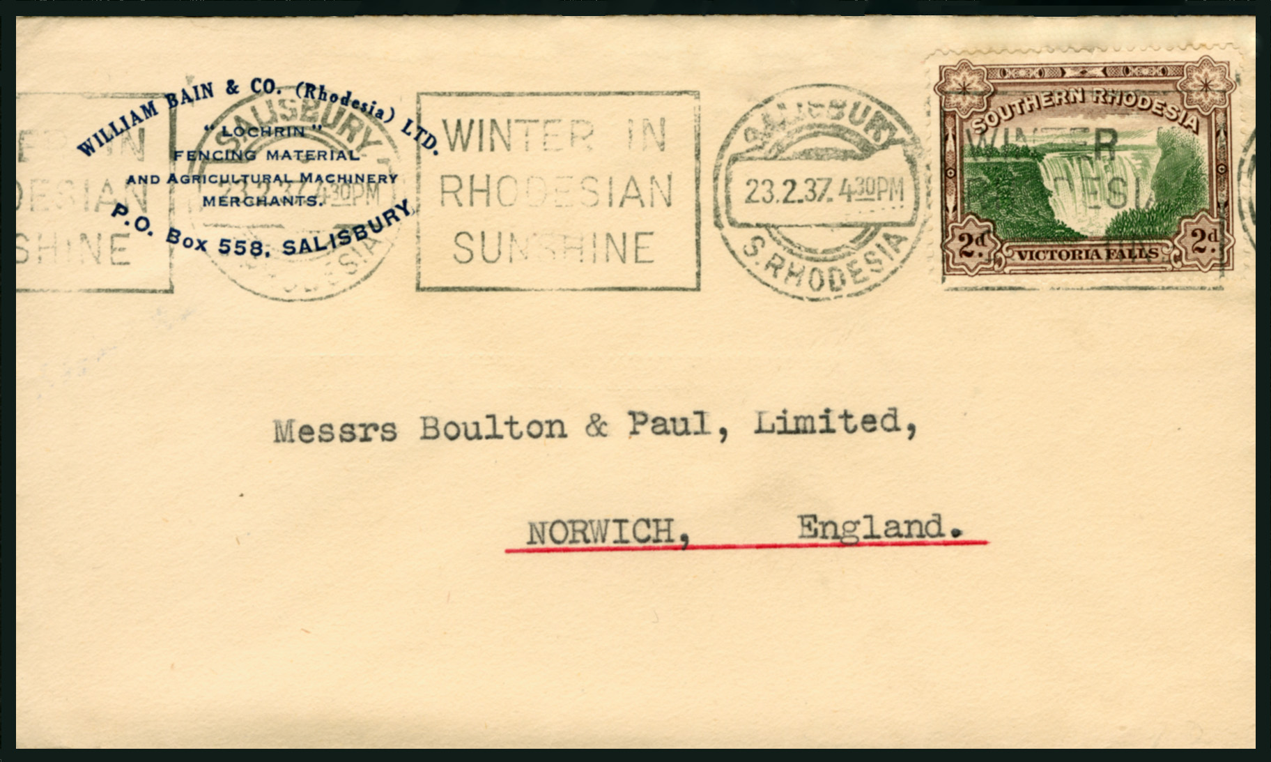 1932 green and brown Southern Rhodesia Waterfall