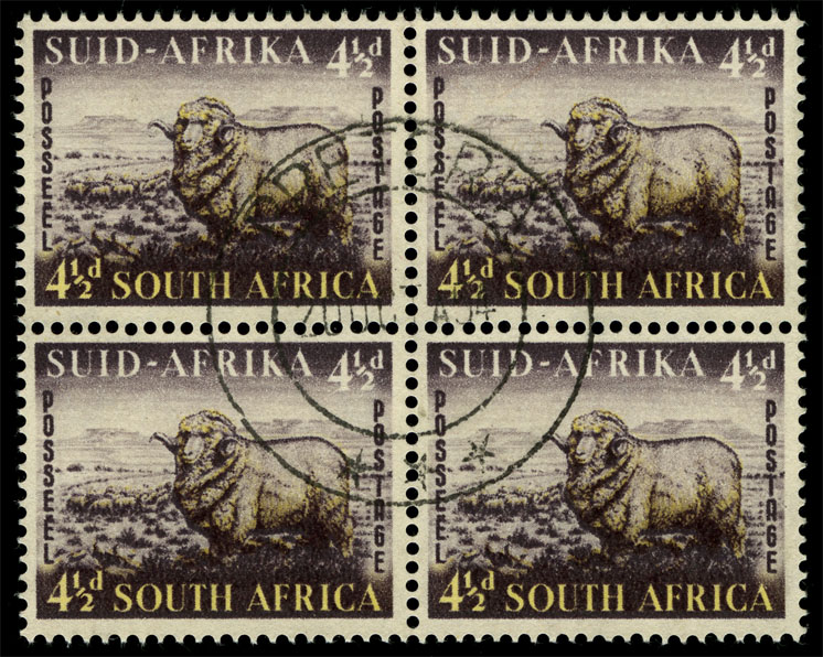 1953 4½d South Africa Merino Sheep Block of 4